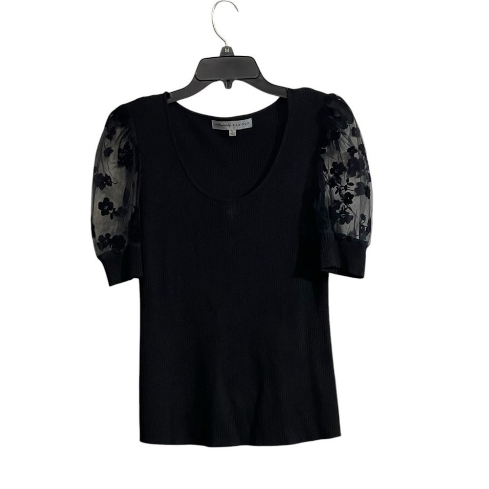 Floral Lace Sheer Puff Sleeve Velvet Floral Rib Knit Coquette Sweater Large
